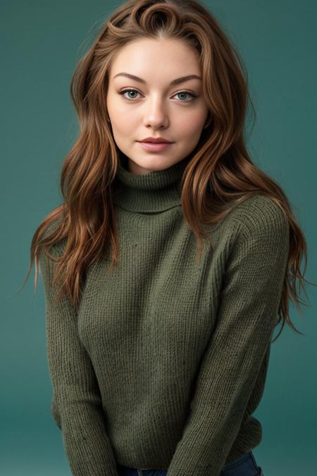 HD photo of beautiful mshn_monicaollander wearing a turtleneck sweater, photostudio, green background