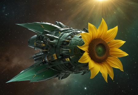 a striking hybrid spaceship that blends the futuristic design of a sci-fi starship with the vibrant form of a sunflower. The body of the spaceship is sleek, with a very green hull. The vibrant yellow petals of the sunflower fan out from the ship's core, providing a stark contrast to the green body. The petals glow subtly, reflecting the light from distant stars, while the ship’s engines are embedded within the sunflower’s core, pulsing with energy. The ship has a semi-organic, plant-like appearance. The ship floats majestically through space. In the vast, starry backdrop of space, the hybrid ship appears both futuristic and natural, a perfect fusion of advanced technology and the organic beauty of a sunflower.