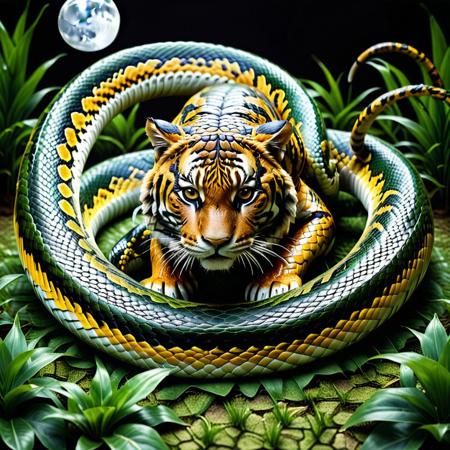 sn4ke, score_9, score_8_up, score_7_up, score_6_up, score_5_up, score_4_up score_9,score_8_up, a realistic Tiger made of snake skin on a Grass Plains by Crescent Moon
