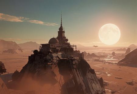 View from the sky of a futuristic city in the middle of a desert. The scene takes place on another planet, as two suns are visible in the sky. The futuristic city is perched on a very tall rocky spur. The city is beautiful and harmonious, made of glass and steel. A large building with a grand dome overlooks the city. In the distance, space and air traffic can be seen. The city is surrounded by a vast sandy desert. The sky is very bright because one of the two suns is setting.