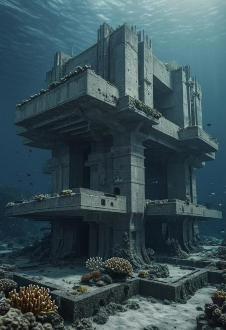 Underwater brutalist architecture buildings of lost civilization, moody, darkness, massive buildings, old concrete surface covering with coral reefs, bruut0lizm architecture. The architecture of the building was created by an inhuman race, precisely by extraterrestrial technologies. Realistic, detailed.