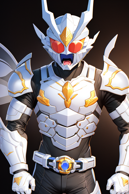 belle, noble, white armor, open mouth, screaming, antennae, horns, helmet, tokusatsu, belt