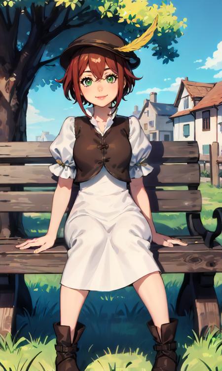 1girl, solo, sitting, bench, medieval town, tree, tressa, hat feather, white dress, smile<lora:octopath_tressa:1>