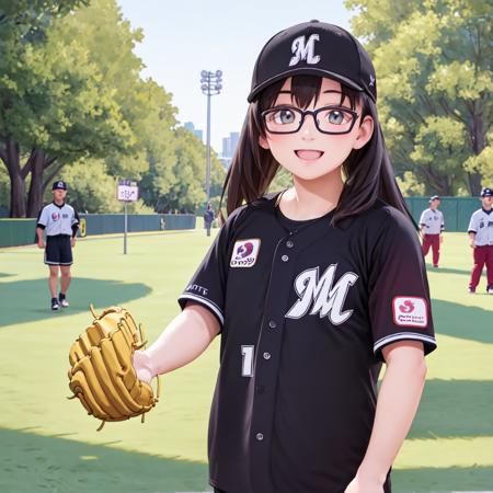 best quality, ultra-detailed, illustration,
chibalotteV, baseball cap, baseball uniform, black shirt,
1girl, solo, glasses, black hair, long hair, standing,  outdoors, street, city, cityscape, happy, laughing, smile, upper body, looking at viewer, 
<lora:Chiba_LOTTE_MARINES_Visitor_uniform_SD15_V1:1>