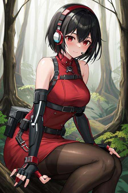 best quality, 1girl, <lora:Demi:1>, Demi, black hair, short hair, red eyes, red dress, gloves, single mechanical arm, pantyhose, headset, fingerless gloves, in a forest, trees