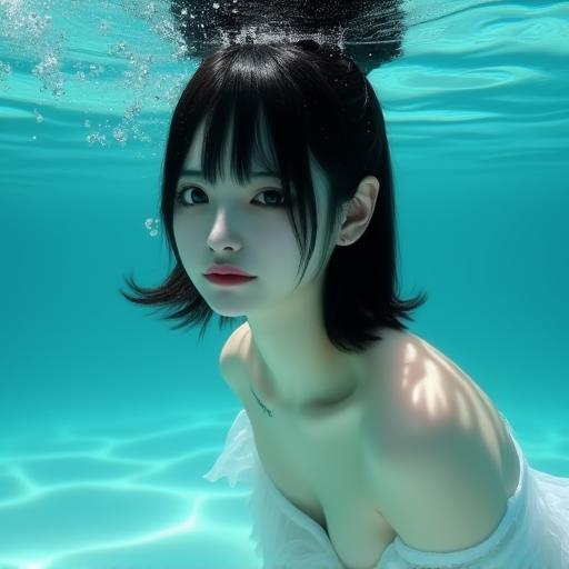 a high-resolution photograph of a young asian woman submerged underwater, she has fair skin, large expressive eyes, and dark, shoulder-length hair with bangs, her expression is serene and slightly contemplative, with her lips slightly parted, she is wearing a sheer, white, off-the-shoulder dress that clings to her body, revealing her slender physique and small breasts, the dress is wet, suggesting recent immersion, and the water is clear, with small bubbles floating around her, creating a sense of movement and depth, the background is a clear, blue ocean, with gentle ripples on the surface, indicating the depth of the water, the lighting is soft and natural, enhancing the ethereal and dreamlike quality of the scene, the overall mood is one of tranquility and serenity, with a focus on the subject's delicate beauty and the serene underwater environment,(The hair floats slightly in the water and is carried away by the current.:1.3),