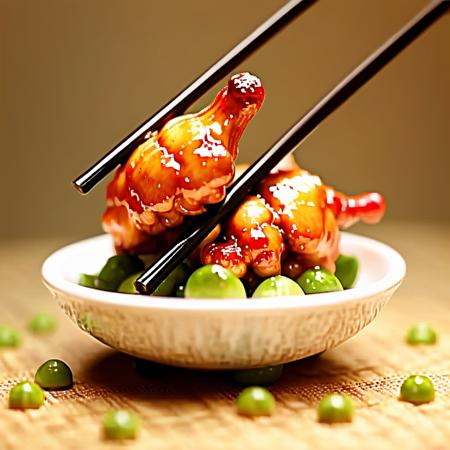 masterpiece,hight quality,Realistic style, a pair of chopsticks lifting a succulent and juicy piece of chicken, capturing the moment as the tender meat glistens under warm, natural lighting, emphasizing the texture and moisture of the chicken,<lora:oldfan50:0.75>