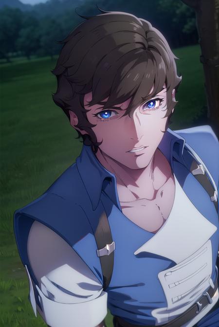 richter, short hair, bangs, blue eyes, brown hair, (bright pupils:1.5), shirt, gloves, collarbone, jacket, short sleeves, black gloves, belt, pants, fingerless gloves, blue jacket, white pants,