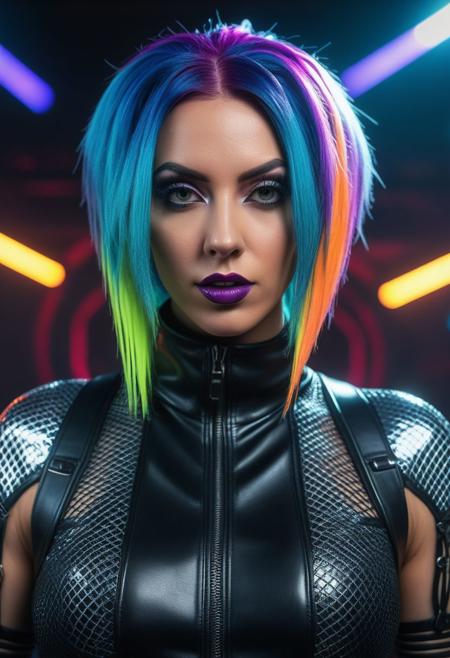 (cyber goth, colorful, rave, rave hair, rave clothes, fishnets:1.2), (shiny glossy leather clothing, gleaming oily leather fabric:1.1),
ultra wide angle shot, cinematic style, 8k, RAW photo, photo-realistic, masterpiece, best quality, absurdres, incredibly absurdres, huge filesize, extremely detailed, High quality texture, Cinematic Lighting, physically-based rendering, Ray tracing,
photorealistic, octane render, best quality, looking at viewer, looking down, sharp focus, (8k), (4k), (Masterpiece), (Best Quality), (realistic skin texture), extremely detailed, intricate, hyper detailed, illustration, soft lighting, high resolution, sharp detail,