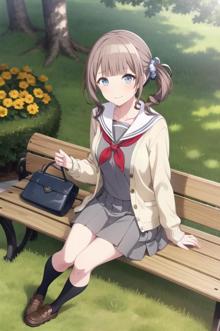 <lora:HonamiV2-04:0.7>.mhonami, 1girl, solo, long hair, looking at viewer, blue eyes, skirt, brown hair, shirt, hair ornament, long sleeves, holding, sitting, closed mouth, school uniform, collarbone, full body, flower, sidelocks, pleated skirt, outdoors, open clothes, shoes, serafuku, day, socks, blunt bangs, sailor collar, black footwear, shiny hair, side ponytail, neckerchief, grey eyes, kneehighs, dutch angle, shadow, leaf, from above, wavy hair, expressionless, brown footwear, drill hair, stuffed toy, sunlight, scrunchie, cardigan, grass, looking up, light smile, white socks, loafers, grey shirt, light particles, red neckerchief, grey skirt, hair scrunchie, light blush, white sailor collar, knees together feet apart, paper, yellow flower, purple flower, dot nose, bench, open cardigan, dappled sunlight, brown cardigan, orange flower, yellow cardigan, sidelighting, on bench, side drill, double horizontal stripe