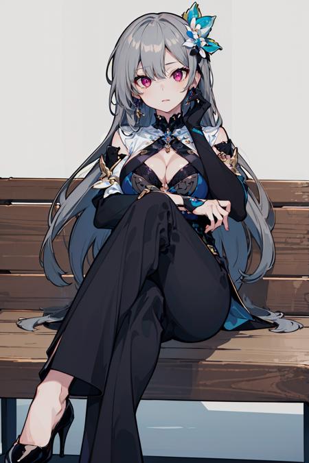 ultra high res,masterpiece,best quality,
1girl,vita,hair ornament,long gray hair,earrings,multicolored dress,black pants,asymmetrical sleeves,single glove,high heels,cleavage,jewelry,<lora:Vita:0.7>,sitting,feet,