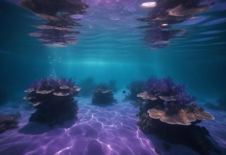 The shallow waters of an alien coral reef on an alien planet, harmless alien sea creatures, soft shafts of purple light penetrate the water, a shoal of alien fish swim into the foreground, source_alien, the alien sea is full of aquatic life, 
hyperrealistic, photorealistic, highly detailed, professional photography, award winning wildlife photography, wide_angle, serine, calm, relaxing,underwater,under the water,under water