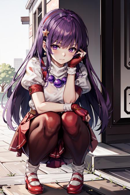 (masterpiece), (best quality), (ultra-detailed), intricate detail, athena97, 1girl, solo, purple eyes, purple hair, long hair, white earrings, red hairband, star hair ornament, medium breats, red vest, white turtleneck, white puffy sleeves, short sleeves, red pleated skirt, (black pantyhose:1.2), yellow belt, purple sphere shape necklace, red fingerless gloves, white short socks, red shoes,   <lora:athena97e12:0.8>, squatting, 
(outdoors), photography, embarrassed, blush, shame, frown, sunny,