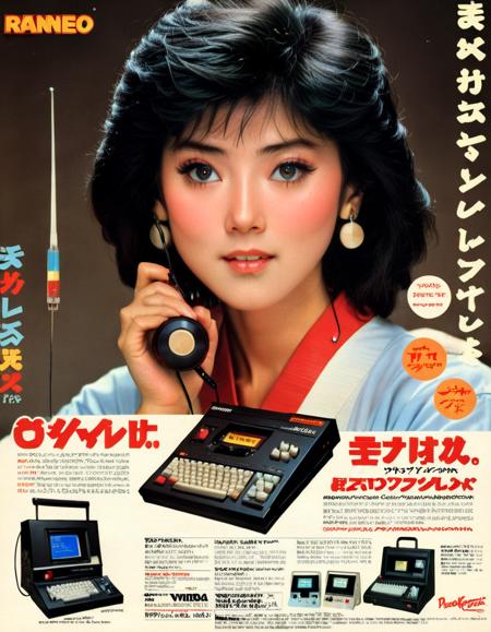 Visualize an iconic 1980s Japanese electronics advertisement. The backdrop consists of pastel hues with subtle geometric shapes, reminiscent of retro design patterns. Front and center, a stylish woman stands with a confident posture, donning vibrant 80s fashionâvivid makeup, large earrings, and teased hair. Her gaze captivates the viewer, drawing them into the world of the advertisement. Held delicately in her hand is the featured product: a robust 'Black Kong' cellphone, embodying the pinnacle of vintage tech. Its design showcases the iconic antenna, physical buttons, and a dark, sleek finish contrasted by golden accents. The product name, in bold retro typography, floats near the device, <lora:jp80:0.75>