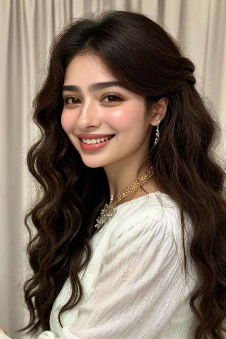 photo of <lora:sd15_locon_MahiyeSelin_16_v1.0:.9> MahiyeSelin, focus on eyes, close up on face, huge smile, wearing jewelry, hair styled as big textured curls, soft focus