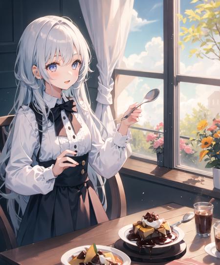 1girl, solo, sitting, table, spoon, pudding,, masterpiece, best quality,