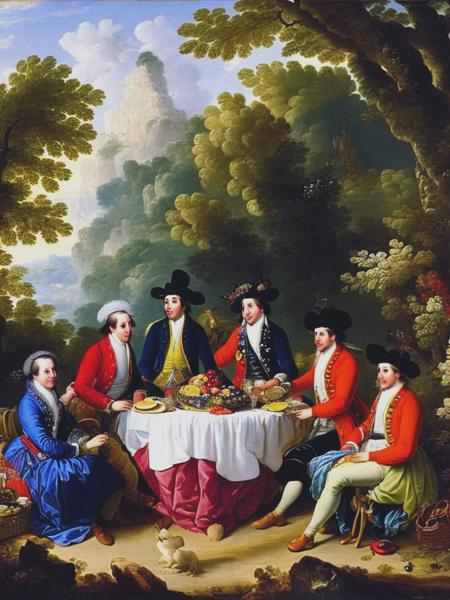 <lyco:Jean-AntoineWatteau:1.0> salad of Currant Almond Chokeberry Cornelian cherry Common bergamot plant Honey berry Japanese kwee 6 people having picknick around table in foodforrest high quality high detail in style of painter Jan van Huysum (1682-1749) on picknick blanket in forrest