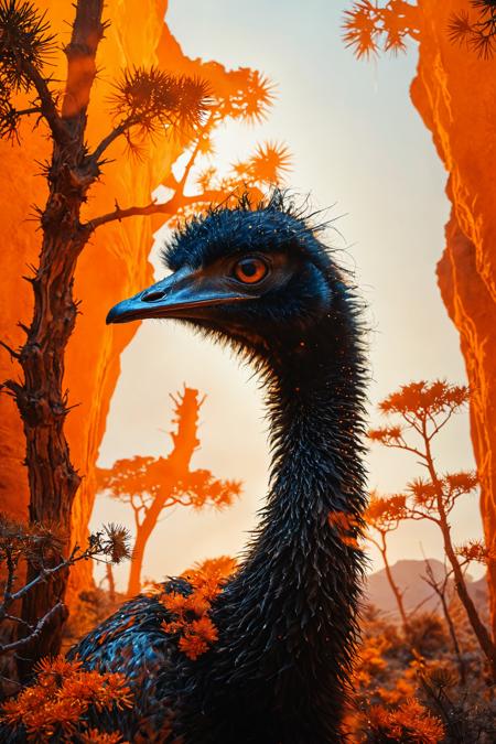 (Double Exposure Photography by Joan Craven and Ayman Lotfy:1.2), award winning, emu,
(aesthetic of photographic realism with ancient growth atmosphere:0.5), environment lighting, evenly focused,
trailblazing masterful creation with expertly made details,
(bluish-red and burntorange colors:0.1), <lora:MJ52:0.5>