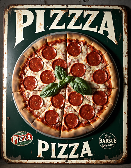 masterpiece, absurdres, best quality, very aesthetic, perfectly styled pepperoni pizza with basil, centered on vintage tin sign, retro Italian food advertising, aged and scratched metal surface, (contains only the word "PIZZA":1.3), no other text or logos, worn paint, rusted corners, 1920s typography, cinematic warm lighting, nostalgic look