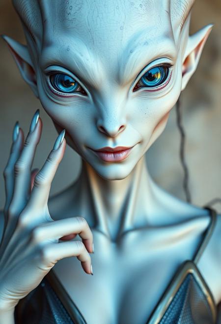 An alien woman with snow-white skin, iridescent blue eyes with flower-shaped irises, like pores running down her cheek, seven (7) fingers on her hands, a metallic-like dress and a plunging neckline, something like strands sprouting from her skin, a slightly evil smile. Highest-Quality, 4k, intricate details, visually stunning, Masterpiece