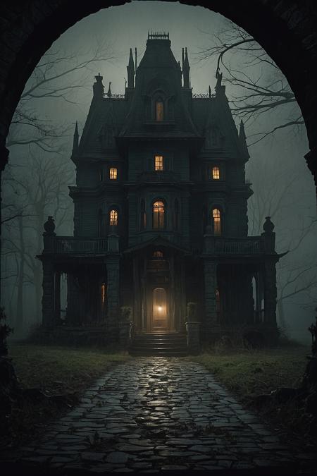 lovecraft house, fog, mist, dramatic, heavy atmosphere