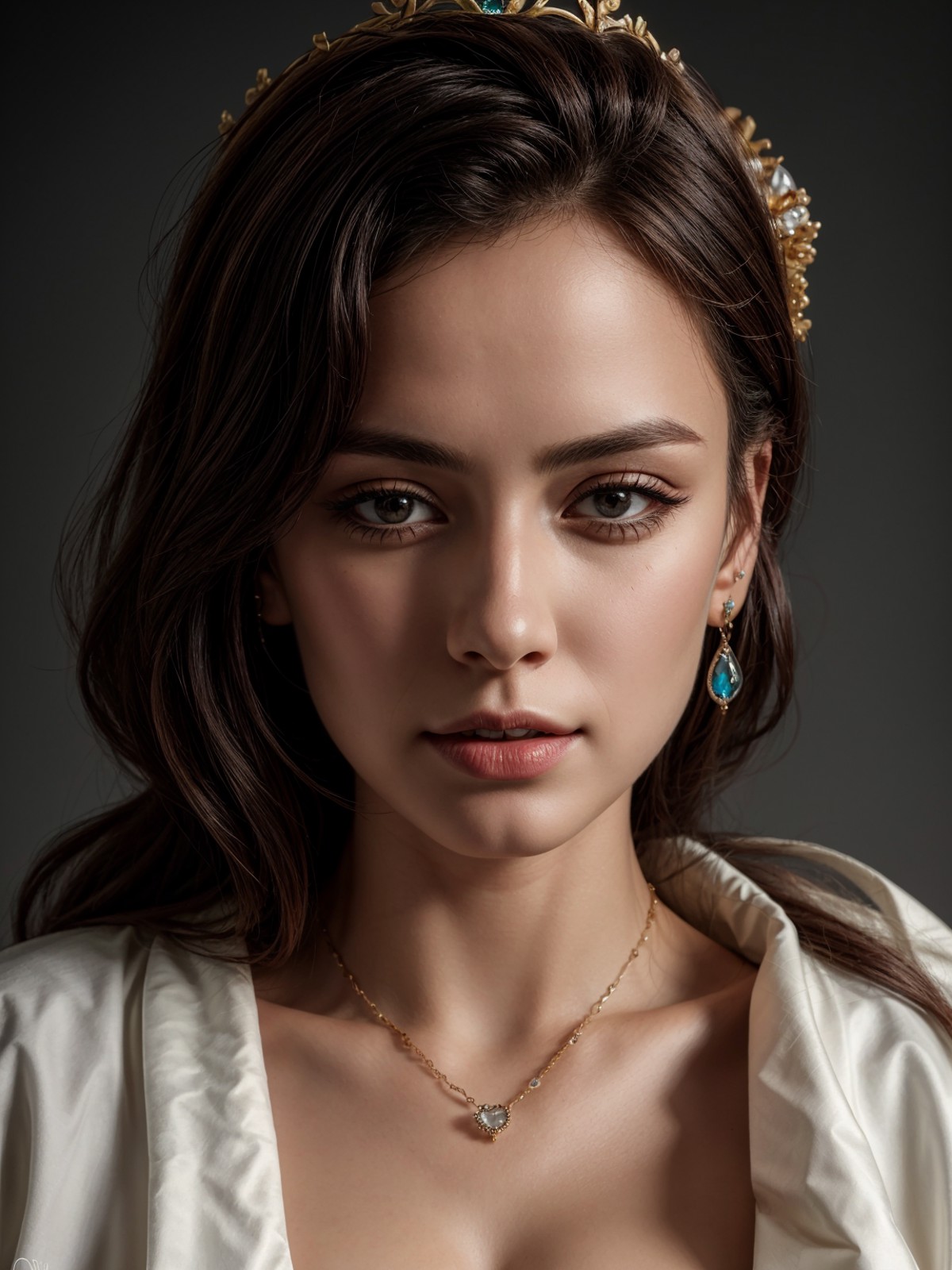 a photo of a woman, jewelry, piercings, white robe, crown, 
<lora:more_details:0.8>, masterpiece, extreme details, detaile...