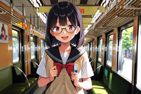 masterpiece, best quality, ultra-detailed, illustration,
Hankyu3000, train interior,
1girl,teenage,glasses, black hair, school uniform, school bag, smile, happy, laughing,