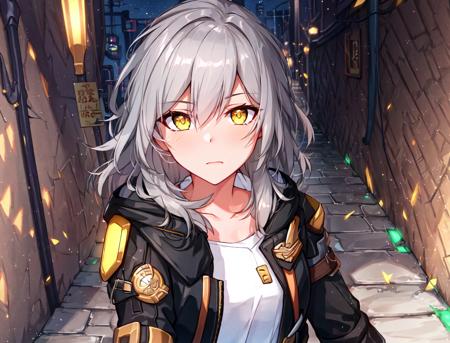 ((masterpiece)), female trailblazer, 1girl, solo, long_hair, looking_at_viewer, bangs, shirt, gloves, hair_between_eyes, closed_mouth, jacket, yellow_eyes, white_shirt, grey_hair, black_gloves, hood, peace sign, 

masterpiece, best quality, high quality, absurdres, shiny skin, colorful, dynamic pose, stunning art, best quality, hyper detailed, dynamic angle, beatlful detailed, reflective hair, good lighting, ray tracing, depth of field, ultra-detailed, illustration, Amazing, fine detail, extremely detailed, ((ultra-detailed)), (beautiful detailed girl), beautiful detailed glow, intricate detail, highres, an extremely delicate and beautiful, beautiful detailed eyes, realistic, hdr, rounded eyes, detailed facial features,

(illustration), (beautiful detailed eyes), ((very detailed face)), depth_of_field, eyebrows_visible_through_hair, frills, looking_at_viewer, outdoors, (upper body:1.4),

clothes reflecting light, (light diffraction on skin: 1.35), (glossy skin: 1.55), (Iridescence Effect: 1.55),

(alleyway, night, neon lights, dimly lit, sign:1.5),

critical angle, thick thighs,