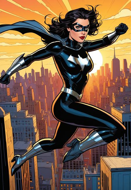CGI Render, 3D, Human, Pop Art, Neo-expressionist, Impressionist, A powerful female comic book hero with a black and silver costume, flying through a city skyline at sunset, accurate, refined, defined, highly detailed, follow negative prompts, 