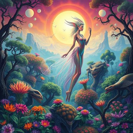 Graceful, elegant female fae entity with chromatic translucent skin hovers above a vivid fantastical forest landscape full of iridescent flora and bizarre dangerous fauna. Alien landscape, forest goddess, colorful.