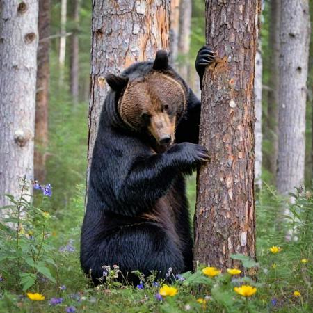 <lora:lcm_sdxl_lora:1>,   <lora:nat:0.7>, a bear scratching a tree, heavy forest all around, wildflowers, butterflies,