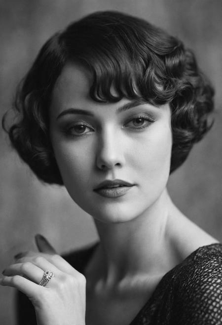 Photograph of a woman from the 1920s, short hair, (finger-weave hairstyle:1.1),posing for a photograph. close-up, black and white, cinematic composition, looking at camera, seductive, soft shadows, grainy,