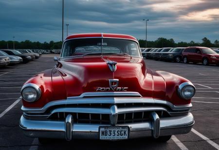 photo of a red Pontiac 1953 car parked in an empty parking lot, evening, cloudy, extremely detailed