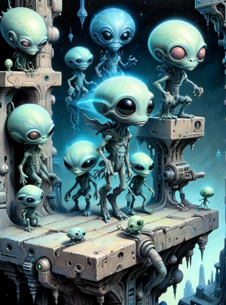 Acrylic Painting a vivid scifi fantastical surrealism detailed illustration of the little funny aliens standing on a ledge in the middle of an unreal space in the style of John Kenn Mortensen
<lora:xl_more_art-full_v1:0.4>  <lora:DonMFmaXL:0.4> DonMFmaXL <lora:EnvyGreeblesXL01:1>