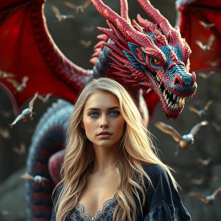 a beautifull woman is satanding in front of a dragon , the dragon is red and blue, super focus on female, many baby dragons are flying in the backround, superrealistic, the woman has blond long hair, no makeup