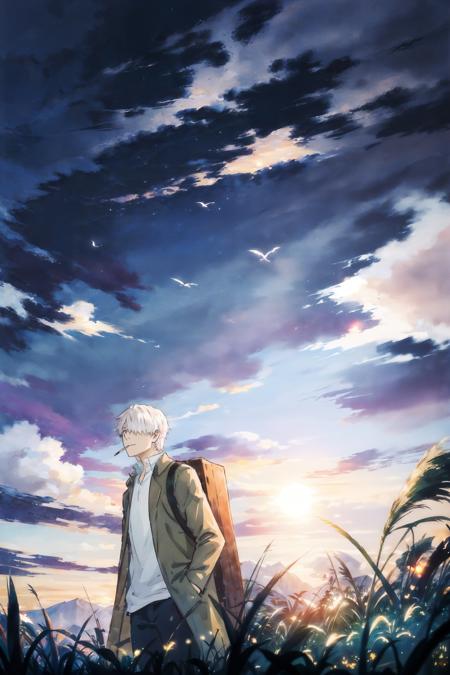 (masterpiece, top quality, best quality, official art, detailed:1.2),<lora:ginko-21:0.7>, ginko_soul3142, solo, short hair, white hair, shirt, 1boy, white shirt, male focus, outdoors, sky, cloud, backpack, hair over one eye, coat, bird, grass, scenery, smoke, sunset, cigarette, hands in pockets, sun, smoking, flock