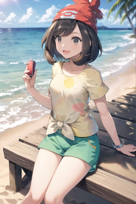 masterpiece, best quality, <lora:Selene:0.8>, selene \(pokemon\), yellow shirt, floral print, green shorts, beach, :d, tied shirt, grey eyes, beanie, red headwear