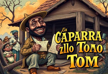 “Illustrate a caricature-style book cover inspired by Uncle Tom’s Cabin, reimagined as La CAPARRA dello Zio Tom. The scene should feature exaggerated, satirical elements with bold, dynamic colors that evoke the vintage aesthetic of 19th-century illustrated book covers.
Uncle Tom is portrayed as a humorous, larger-than-life character, dressed in tattered yet vibrant clothing, holding a contract or receipt symbolizing ‘la caparra’ (the deposit). Surround him with symbolic elements representing social commentary, such as exaggerated caricatures of other characters from the original novel, set in a plantation backdrop with surreal and whimsical tones.
The title, La CAPARRA dello Zio Tom, should be prominently displayed in bold, ornate lettering that blends classic typography with a playful twist. Include smaller details that highlight the satirical nature of this cover while staying respectful to the original themes of the book.”