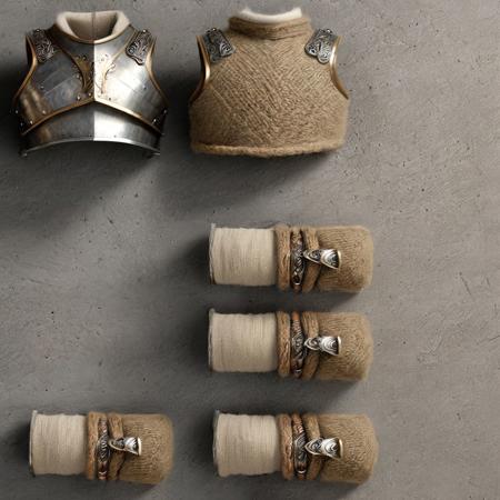 hyper-realistic, Realism, HDR, detailed, warior style armor covered in gray wool (beige cotton ), simple gray background
