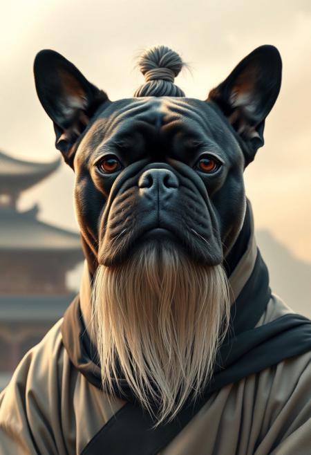 A photorealistic portrait of a black dog with a flat, squashed face, styled like a martial arts master. The dog has a long flowing white beard extending far below its chin, large bushy white eyebrows, and long sideways white whiskers. On top of its head is a traditional topknot bun, resembling Pai Mei from Kill Bill. The dog is wearing traditional East Asian monk robes in neutral tones, with a black sash. It stares directly into the camera with a calm, superior expression. The background is a misty mountain temple scene with warm natural lighting. Vertical 9:16 aspect ratio.