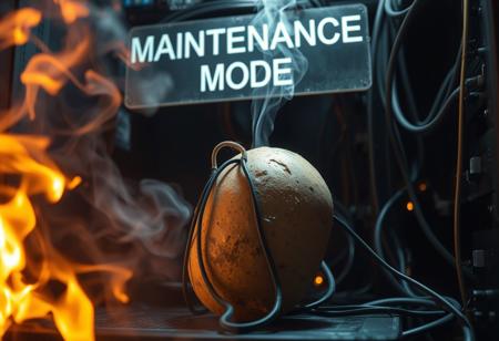a potato with wires connected to it, smoking, with a sign above that says "MAINTENANCE MODE", in a server room with wires running everywhere, flames, smoke, photo realistic, realistic textures