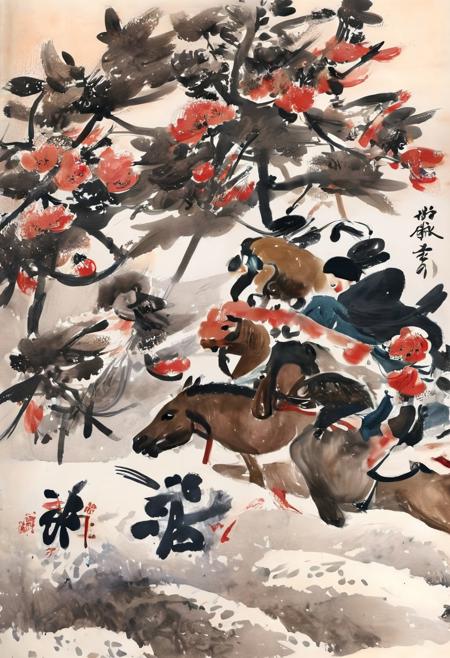 <lora:03realismPainting_Hap_XL:2.5>, , (ink-style, ink_wash_painting), samurai battle, oda clan, horses, Japanese quince, swallow tail butterfly
