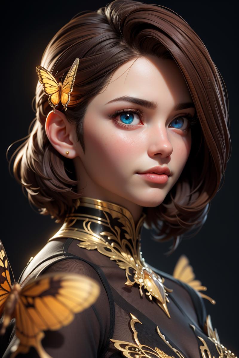 A 3D rendered image of a young woman with blue eyes, butterfly clips in her hair, and a gold necklace.