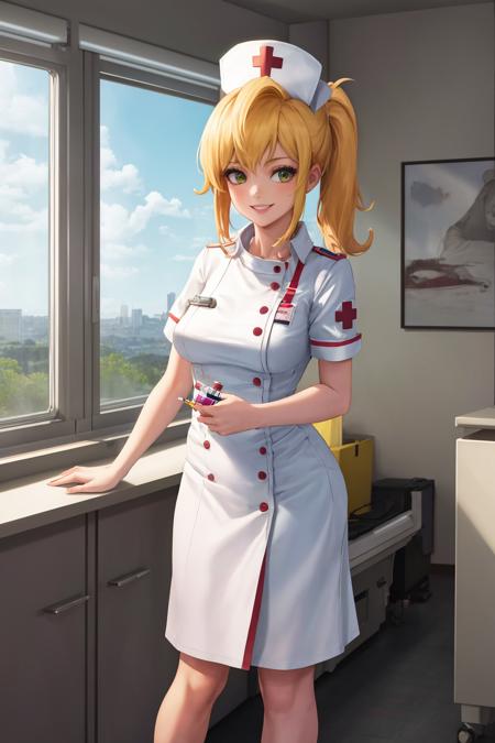 masterpiece, best quality, 1girl, solo, standing, <lora:nurse-terraria-richy-v1:1> terrarianurse, nurse, nurse cap, smile, syringe