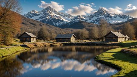 ((masterpiece:1.4,best quality)), cloud, outdoors, 
(mountains), spring glade, scenery, sky, winter, village, tree, pond, fishing hut
 high detail, abundant, 8k, high detail, wallpaper,