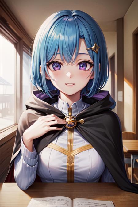 <lora:QuickHandsV2_D:0.7>, QuickHands ,masterpiece, best quality, anime drawing style, perfect anatomy, (perfect face:1.5), absurdres1 girl, solo, (mature:1.4), character in the center of the image, bright blue hair, short hair, (highly detailed purple eyes:1.2), large breasts, (black Wizard's cape:1.5), in an vintage classroom with windows and wooden tables , standing, ( arms behind back:1),  smile, (high quality:1.4),( adult:1.3), slim body, portrait,( centered camera angle:1.1), hair ornament, ( perfect eyes:1.3), <lora:add_detail:0.5>, smile,  surprised expression, mature female,  elegant, (hands down:1.3),