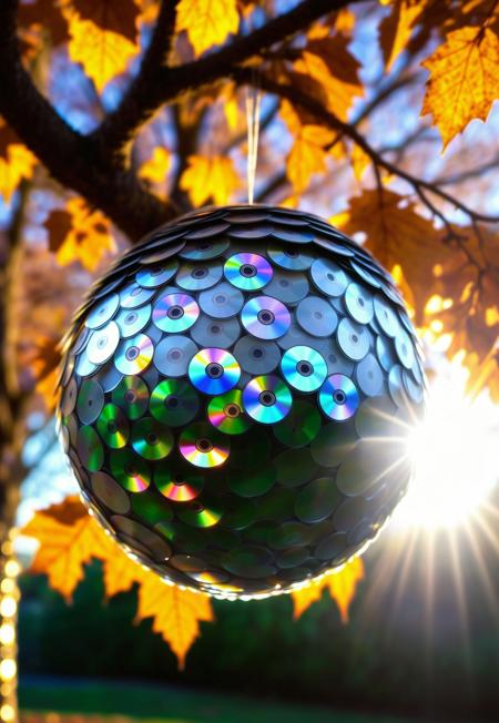 macro photo, hive sphere (made of cd's:1.1) hanging on a tree, leaves, falling leaves, faint glow, reflective surface, outside
