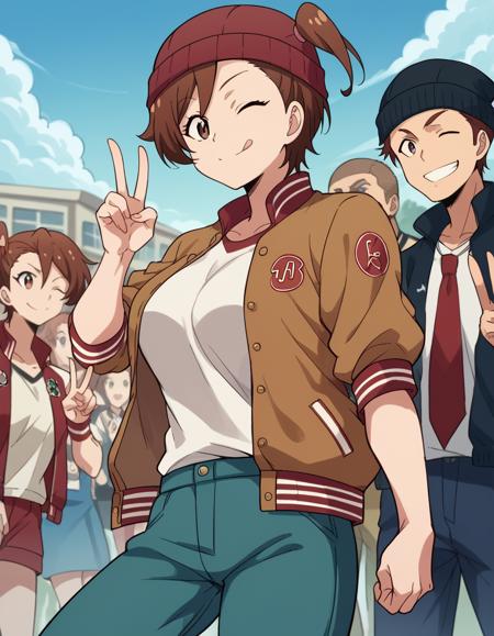 shino kuribayashi, short hair, brown hair, brown eyes, side ponytail, large breasts, uniform, military, military uniform, green uniform, skirt, jacket, miniskirt, pencil skirt, denim skirt, sweater, red sweater, brown jacket, collarbone,