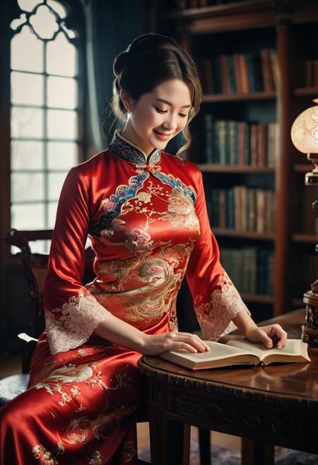 Young antique eropean woman reading a book in a prvate queen library, look at viewer, brunette hair cascading over her shoulders, vivid colors  and soft reds, 
wearing (qipao, satin dress, short dress). (Antique royal gown:1.2) with intricate embroidery, lace collar, and gold accents, worn by a regal queen, her posture elegant and poised, mood relaxed,
looking at viewer, smiles a little, 
lighting natural light streaming through a nearby window, perspective over-the-shoulder, texture soft wool sweater and glossy wooden table.
shallow depth of field, vignette, highly detailed, high budget, bokeh, cinemascope, moody, epic, gorgeous, film grain, grainy,
