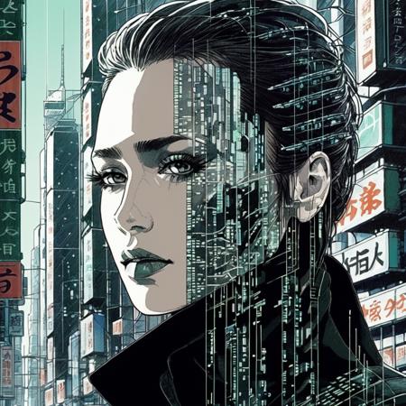 ((90s Anime style illustrattion)) drawing of a closeup on face of woman wearing a long matrix coat,futuristic city in the background, akira, 2D,  lixcollins,   <lora:licollins_juggerX_xl_1_st_wocap-lixcollins-000130:1>